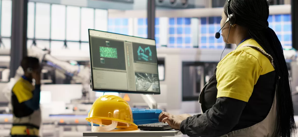 Technician remotely supervising smart factory production lines